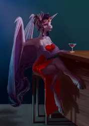 Size: 2150x3035 | Tagged: suggestive, artist:pinefool, derpibooru import, oc, alicorn, anthro, bat pony, bat pony alicorn, unguligrade anthro, alicorn oc, anthro oc, bar, barstool, bat pony oc, bat wings, breasts, cleavage, clothes, crossed legs, dress, drink, evening gloves, fangs, female, glass, gloves, horn, horn ring, long gloves, looking at you, mare, open-back dress, ring, sitting, slit eyes, slit pupils, solo, solo female, stool, table, tongue out, wine glass, wings