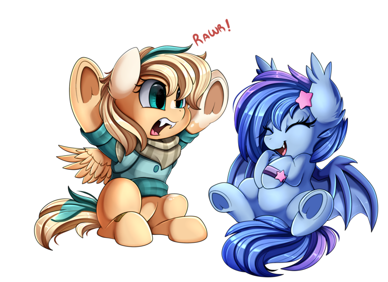 Size: 3509x2550 | Tagged: safe, artist:pridark, derpibooru import, oc, oc:astral flare, oc:sun light, unofficial characters only, bat pony, pegasus, pony, bandana, bat pony oc, bat wings, clothes, commission, cute, eyes closed, fangs, high res, laughing, ocbetes, open mouth, rawr, simple background, sweater, transparent background, underhoof, wings