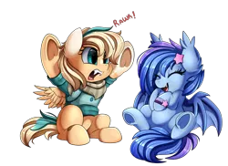 Size: 3509x2550 | Tagged: safe, artist:pridark, derpibooru import, oc, oc:astral flare, oc:sun light, unofficial characters only, bat pony, pegasus, pony, bandana, bat pony oc, bat wings, clothes, commission, cute, eyes closed, fangs, high res, laughing, ocbetes, open mouth, rawr, simple background, sweater, transparent background, underhoof, wings