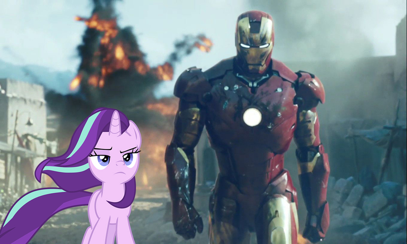 Size: 1360x816 | Tagged: safe, derpibooru import, edit, editor:secrettitan, starlight glimmer, pony, unicorn, the ending of the end, badass, cool guys don't look at explosions, explosion, female, frown, iron man, lidded eyes, mare, starlight glimmer in places she shouldn't be, walking away from explosion, windswept mane