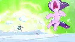 Size: 1366x768 | Tagged: aura, blast, derpibooru import, explosion, knock out, magic, magic blast, queen chrysalis, safe, screencap, snow, starlight glimmer, the ending of the end