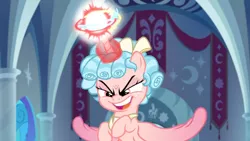 Size: 1366x768 | Tagged: safe, derpibooru import, screencap, cozy glow, alicorn, pony, the ending of the end, alicorn magic, alicornified, archway, aura, banner, cozycorn, crescent moon, evil, faic, magic, maniacal, moon, orb, powerful, pure concentrated unfiltered evil of the utmost potency, pure unfiltered evil, race swap, sinister, solo, stained glass window