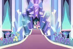 Size: 1618x1079 | Tagged: safe, derpibooru import, screencap, princess cadance, princess flurry heart, shining armor, alicorn, pony, unicorn, the ending of the end, armor, cropped, crystal empire, crystal guard, crystal guard armor, crystal palace, female, foal, male, mare, stallion, throne room