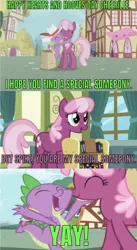 Size: 641x1169 | Tagged: safe, derpibooru import, edit, edited screencap, editor:undeadponysoldier, screencap, cheerilee, spike, earth pony, pony, a flurry of emotions, secret of my excess, cheeribetes, cheerispike, comic, cute, female, happy, hug, male, mare, screencap comic, shipping, spikabetes, straight, wrong aspect ratio, yay