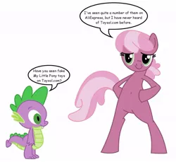 Size: 1024x939 | Tagged: safe, artist:dev-catscratch, derpibooru import, cheerilee, spike, dragon, earth pony, pony, bipedal, duo, female, male, mare, not salmon, speech bubble, toysol.com, wat