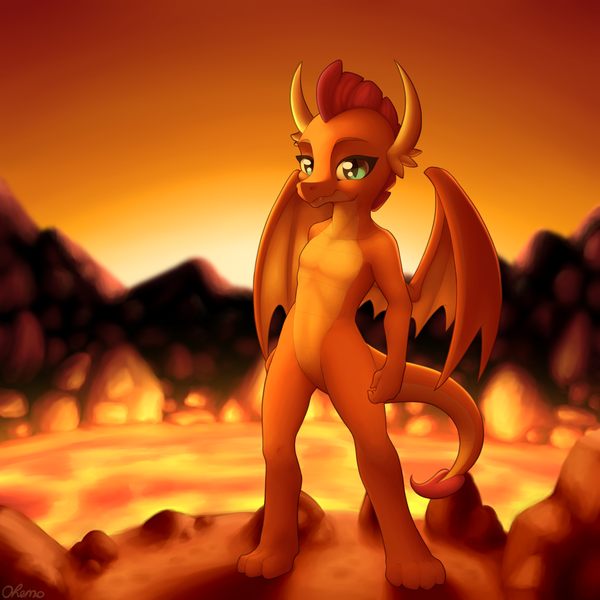 Size: 4000x4000 | Tagged: absurd resolution, artist:ohemo, derpibooru import, dragon, dragoness, female, lava, looking at you, safe, smolder, solo, volcano