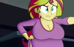 Size: 1494x963 | Tagged: suggestive, artist:funble, artist:pacificside18, derpibooru import, edit, edited screencap, screencap, sunset shimmer, equestria girls, rainbow rocks, belly, big belly, big breasts, breasts, busty sunset shimmer, cleavage, clothes, exposed belly, female, huge breasts, pajamas, pregnant, pregnant edit, pregnant equestria girls, redraw, solo, solo female, sunset preggers, updated image