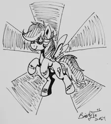 Size: 2333x2591 | Tagged: safe, artist:binkyt11, derpibooru import, rainbow dash, pegasus, pony, clothes, female, flying, goggles, happy birthday mlp:fim, mare, mlp fim's ninth anniversary, monochrome, signature, solo, traditional art, uniform, wonderbolts, wonderbolts uniform