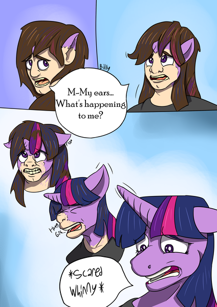 Size: 2480x3507 | Tagged: about to scream, artist:mcsplosion, comic, comic:twi-tulpa, confused, derpibooru import, descriptive noise, horse noises, human, human to pony, long hair, male, male to female, panic, pony face, rule 63, safe, scared, transformation, transgender transformation, twilighting, twilight sparkle, whinny