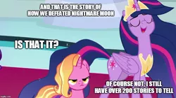 Size: 888x499 | Tagged: safe, derpibooru import, edit, edited screencap, screencap, luster dawn, princess twilight 2.0, twilight sparkle, twilight sparkle (alicorn), alicorn, pony, unicorn, the last problem, dialogue, duo, ethereal mane, exploitable meme, female, implied nightmare moon, luster dawn is not amused, mare, meme, mid-blink screencap, older, older twilight, reminiscing, text, twilight 2.0's reminiscences, ultimate twilight