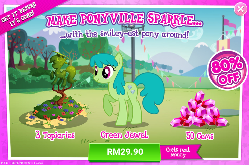 Size: 1037x690 | Tagged: safe, derpibooru import, official, green jewel, earth pony, pony, advertisement, background pony, costs real money, female, gameloft, gem, mare, raised hoof, sale, topiary