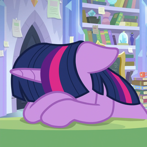 Size: 983x983 | Tagged: safe, derpibooru import, screencap, twilight sparkle, twilight sparkle (alicorn), alicorn, pony, the ending of the end, book, cropped, depressed, female, floppy ears, headdesk, library, mare, sad, solo