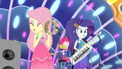 Size: 1920x1080 | Tagged: safe, derpibooru import, screencap, fluttershy, pinkie pie, rarity, equestria girls, equestria girls series, spring breakdown, spoiler:eqg series (season 2), all good (song), beautiful, cute, cymbals, drum kit, drum set, drums, eyes closed, eyeshadow, female, hi-hat, keytar, makeup, microphone, microphone stand, musical instrument, raribetes, shyabetes, speakers, stage, tambourine