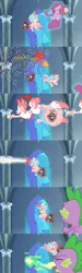 Size: 1340x4476 | Tagged: attack, bell, bird, blast, comic, confetti, derpibooru import, dodge, edit, edited screencap, fire, fire breath, firing, flock, flying, gas, geese, goose, grogar's bell, levitation, magic, magic beam, magic blast, party bazooka, rocket launcher, safe, screencap, screencap comic, spinning, stained glass, streamers, telekinesis, the ending of the end