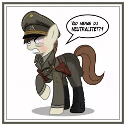 Size: 1024x1024 | Tagged: safe, artist:brony-works, derpibooru import, pony, angry, bloodshot eyes, boots, clothes, female, gritted teeth, hat, holster, mare, officer, shoes, solo, speech bubble, sweden, swedish, translated in the description, uniform, vector, world war ii