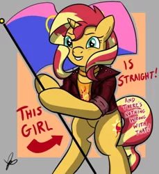 Size: 550x600 | Tagged: safe, artist:thedrizzle404, derpibooru import, sunset shimmer, pony, unicorn, arrow, bipedal, choker, clothes, female, flag, flag pole, grin, hoof hold, jacket, jewelry, leather jacket, looking at you, mare, pride, pride flag, signature, smiling, solo, squee, standing upright, straight pride, straight pride flag, text, this cat is gay and there's nothing you can do about it