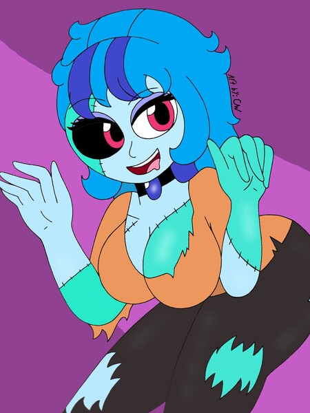Size: 1932x2576 | Tagged: suggestive, artist:c_w, derpibooru import, sonata dusk, undead, zombie, equestria girls, big breasts, breasts, busty sonata dusk, cleavage, drool, eyeshadow, jewelry, looking at you, makeup, pendant, plump, smiling, solo, stitches