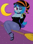 Size: 1932x2576 | Tagged: suggestive, artist:c_w, derpibooru import, sonata dusk, equestria girls, big breasts, breasts, broom, busty sonata dusk, clothes, eyeshadow, feet, food, jewelry, makeup, moon, night, pantyhose, pendant, smiling, solo, sonataco, stars, taco, tights, tongue out, witch