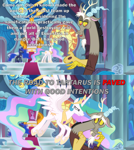 Size: 2000x2246 | Tagged: alicorn, angry, canterlot castle, canterlot throne room, caption, derpibooru import, discord, discord drama, drama, edit, edited screencap, good intentions, good intentions gone wrong, image macro, meme, princess celestia, princess luna, safe, scared, screencap, stained glass, tartarus, text, the ending of the end, throne, twilight sparkle, twilight sparkle (alicorn)