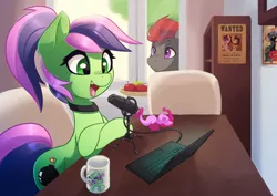 Size: 3508x2480 | Tagged: safe, artist:darksittich, derpibooru import, oc, earth pony, pony, computer, laptop computer, microphone, mug, wanted poster