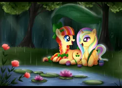 Size: 1024x736 | Tagged: safe, artist:exceru-karina, derpibooru import, oc, earth pony, pony, unicorn, bow, braid, cupcake, food, forest, leaf umbrella, lilypad, rain, tree