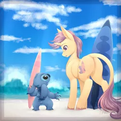 Size: 894x894 | Tagged: safe, artist:mittz-the-trash-lord, derpibooru import, oc, oc:riptide, pony, unicorn, beach, crossover, duo, leonine tail, lilo and stitch, looking at each other, male, stallion, stitch, surfboard