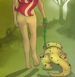 Size: 2600x2676 | Tagged: suggestive, artist:lady-darkstreak, derpibooru import, ray, sunset shimmer, gecko, leopard gecko, equestria girls, ass, barefoot, bottomless, bunset shimmer, butt, clothes, exhibitionism, feet, legs, nudity, outdoors, park, partial nudity, practitioner of naturism, public nudity, walking