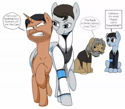Size: 1200x1046 | Tagged: safe, artist:wolftenpr0nz, derpibooru import, ponified, earth pony, pegasus, pony, robot, unicorn, bedroom eyes, clothes, connor, courtship, crossover, detroit: become human, dialogue, flirting, gavin reed, gay, hank anderson, jacket, looking at each other, male, nines, quartet, reed900, rk800, rk900, simple background, sitting, stallion, tsundere, vulgar, white background, wing hold