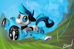 Size: 1500x983 | Tagged: safe, artist:cenit-v, derpibooru import, oc, oc:sparky, pony, robot, robot pony, flight