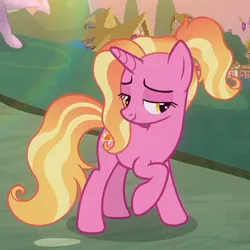 Size: 800x800 | Tagged: safe, derpibooru import, screencap, luster dawn, pony, unicorn, the last problem, cropped, mid-blink screencap, one hoof raised, out of context, solo, squint, upscaled