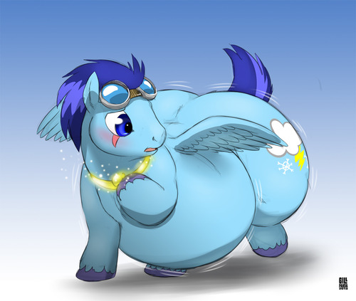 Size: 500x423 | Tagged: safe, artist:gillpanda, derpibooru import, edit, oc, oc:arctic blast, pegasus, pony, belly, belly expansion, bhm, butt expansion, expansion, fat, goggles, growth, inflation, jewelry, male, necklace, not soarin, solo, stallion, weight gain