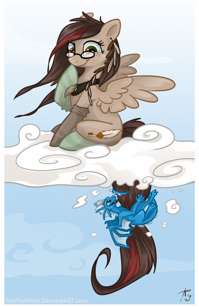 Size: 585x900 | Tagged: artist:keyfeathers, clothes, cloud, derpibooru import, dragon, glasses, oc, oc:keyfeathers, pegasus, safe, socks