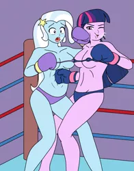 Size: 943x1200 | Tagged: suggestive, artist:linedraweer, derpibooru import, trixie, twilight sparkle, fighting is magic, equestria girls, barefoot, belly punch, bikini, boxing, boxing gloves, boxing ring, breasts, clothes, comic, commission, face punch, feet, fight, foxy boxing, punch, ropes, sitting, spitting, sports, swimsuit