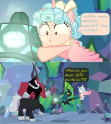 Size: 1368x1536 | Tagged: safe, derpibooru import, edit, edited screencap, screencap, cozy glow, lord tirek, queen chrysalis, alicorn, centaur, changeling, changeling queen, pony, the ending of the end, alicornified, bell, bow, bracer, cloven hooves, comic, cozycorn, dialogue, faic, female, filly, flying, glow, grabbing, grogar's bell, hair bow, male, nose piercing, nose ring, piercing, pointing, pure concentrated unfiltered evil of the utmost potency, pure unfiltered evil, race swap, screencap comic, speech bubble, trio