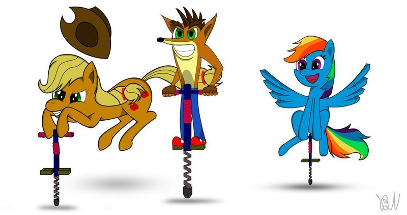 Size: 1024x540 | Tagged: safe, artist:bakanato, derpibooru import, applejack, rainbow dash, earth pony, pegasus, pony, applejack's hat, cowboy hat, crash bandicoot, female, hat, mare, pogo stick