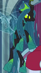 Size: 272x480 | Tagged: animated, centaur, changeling, changeling queen, cropped, cute, cutealis, derpibooru import, edit, edited screencap, female, flying, former queen chrysalis, gif, looking at you, loop, lord tirek, male, perfect loop, queen chrysalis, reversed, safe, screencap, smiling, solo focus, the ending of the end, ultimate chrysalis