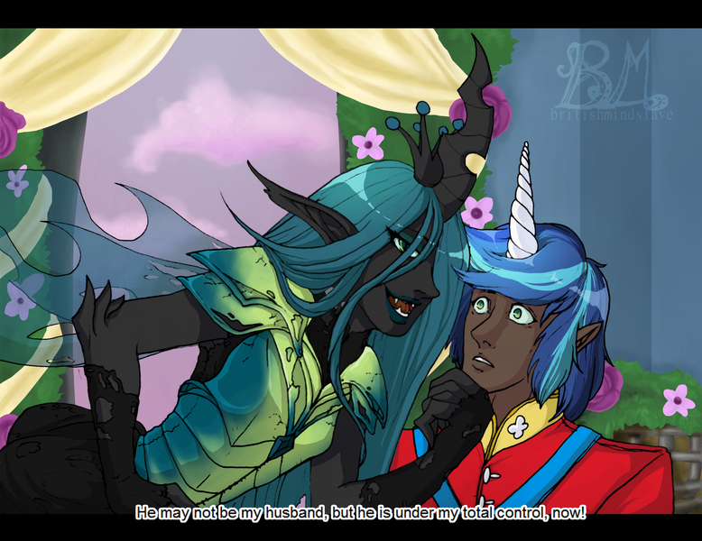 Size: 3546x2736 | Tagged: a canterlot wedding, alternate hairstyle, armor, artist:britishmindslave, bedroom eyes, clothes, coat, dark skin, derpibooru import, elf ears, eyeshadow, fangs, female, fingerless gloves, gloves, horn, horned humanization, human, humanized, hypnosis, hypnotized, lipstick, makeup, male, queen chrysalis, safe, shining armor, winged humanization, wings