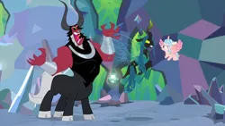 Size: 1364x768 | Tagged: safe, derpibooru import, screencap, cozy glow, lord tirek, queen chrysalis, alicorn, centaur, changeling, changeling queen, pony, the ending of the end, alicornified, angry, argument, bell, bow, bracer, cloven hooves, cozycorn, faic, female, filly, flying, frustrated, grogar's bell, hair bow, male, nose piercing, nose ring, piercing, race swap, rage, trio, upset