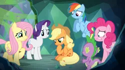 Size: 1366x768 | Tagged: applejack, derpibooru import, dragon, fluttershy, mucus, pinkie pie, pondering, rainbow dash, rarity, safe, screencap, spike, the ending of the end, thinking, trapped, winged spike, worried