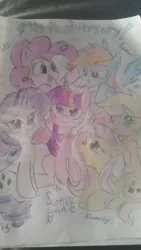 Size: 2988x5312 | Tagged: safe, artist:scottishlunaripoff, derpibooru import, applejack, fluttershy, pinkie pie, rainbow dash, rarity, twilight sparkle, twilight sparkle (alicorn), alicorn, earth pony, pegasus, pony, unicorn, colored, happy birthday mlp:fim, mane six, mlp fim's ninth anniversary, simple background, traditional art, white background