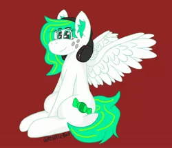 Size: 2418x2076 | Tagged: safe, artist:reddthebat, deleted from derpibooru, derpibooru import, oc, oc:mints, unofficial characters only, pegasus, pony, female, freckles, headphones, mare, sitting, solo, wings