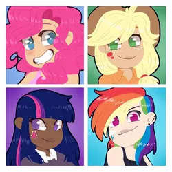 Size: 400x400 | Tagged: alternate hairstyle, alternative cutie mark placement, applejack, applejack's hat, artist:bloodyarchimedes, blushing, clothes, commission, cowboy hat, cute, dark skin, derpibooru import, ear piercing, earring, facial cutie mark, female, freckles, hat, human, humanized, jewelry, piercing, pinkie pie, rainbow dash, safe, shirt, simple background, smiling, tanktop, twilight sparkle, white background