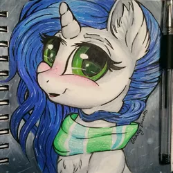 Size: 1732x1732 | Tagged: safe, artist:gleamydreams, derpibooru import, oc, oc:gleamy, unofficial characters only, pony, unicorn, blue hair, blushing, chest fluff, clothes, ear fluff, female, freckles, green eyes, looking at you, mare, scarf, simple background, smiling, snow, solo, traditional art