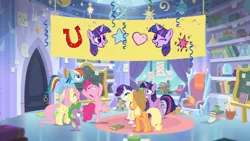 Size: 1366x768 | Tagged: alicorn, applejack, banner, book, bookshelf, chalkboard, cheering, confetti, cutie mark, derpibooru import, dragon, fluttershy, heart, horseshoes, looking up, mane six, notes, pinkie pie, pot, rainbow dash, rarity, roll, rug, safe, screencap, scroll, shelf, spike, stars, streamers, the ending of the end, twilight sparkle, twilight sparkle (alicorn), winged spike