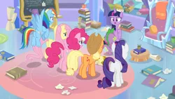 Size: 1366x768 | Tagged: alicorn, applejack, book, carpet, chair, chalkboard, couch, cushion, derpibooru import, dragon, eraser, fluttershy, mane six, mug, pinkie pie, rainbow dash, rarity, safe, screencap, spike, stack, the ending of the end, tissue, towel, twilight sparkle, twilight sparkle (alicorn), winged spike