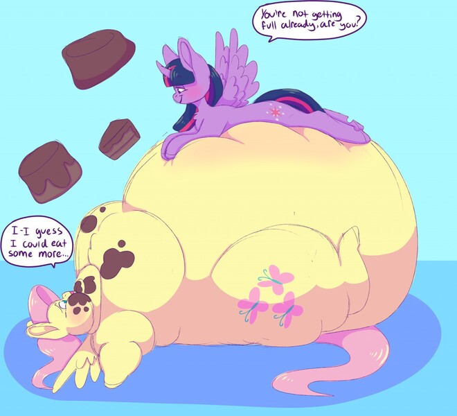 Size: 1280x1164 | Tagged: alicorn, artist:fatfurparadise, belly, belly bed, big belly, bingo wings, blob, cake, chubby cheeks, derpibooru import, dialogue, double chin, fat, fattershy, feedee, feeder, feeding, fluttershy, food, huge belly, immobile, impossibly large belly, large belly, large butt, messy eating, morbidly obese, neck roll, obese, rolls of fat, suggestive, twilight sparkle, twilight sparkle (alicorn)