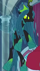 Size: 272x480 | Tagged: safe, derpibooru import, edit, edited screencap, screencap, lord tirek, queen chrysalis, centaur, changeling, changeling queen, the ending of the end, animated, buzzing, cropped, cute, cutealis, female, flying, former queen chrysalis, looking at you, male, reversed, smiling, solo focus, sound, ultimate chrysalis, webm