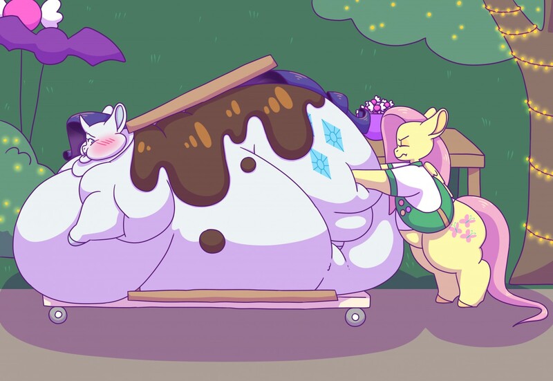 Size: 1280x882 | Tagged: artist:fatfurparadise, belly, belly bed, big belly, bingo wings, blob, blushing, butt, candy, chocolate, chubby cheeks, clothes, costume, derpibooru import, double chin, fat, flabbity, fluttershy, food, graham cracker, halloween, holiday, huge belly, huge butt, immobile, impossibly large belly, impossibly large butt, large belly, large butt, neck roll, nightmare night costume, obese, raritubby, rarity, rarity is a marshmallow, rolls of fat, s'mores, squishy, suggestive, sweets