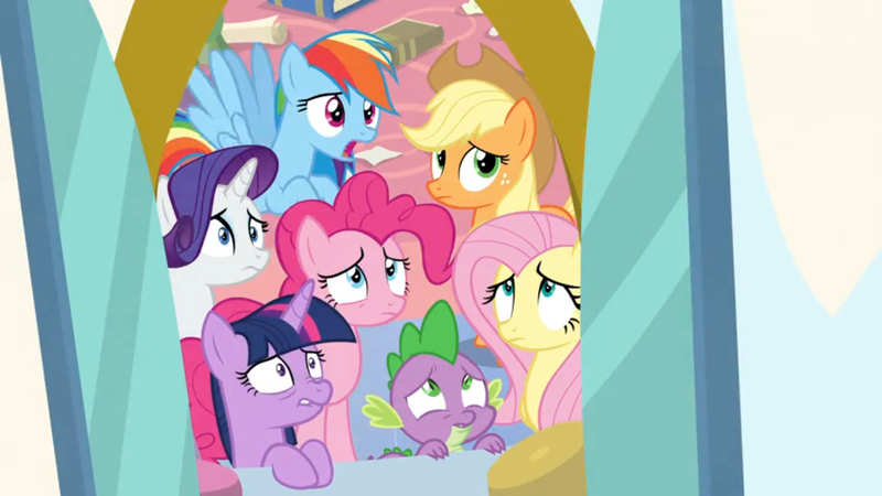 Size: 1366x768 | Tagged: alicorn, applejack, derpibooru import, fluttershy, mane six, open window, pinkie pie, rainbow dash, rarity, safe, screencap, shutters, spike, the ending of the end, twilight sparkle, twilight sparkle (alicorn), window