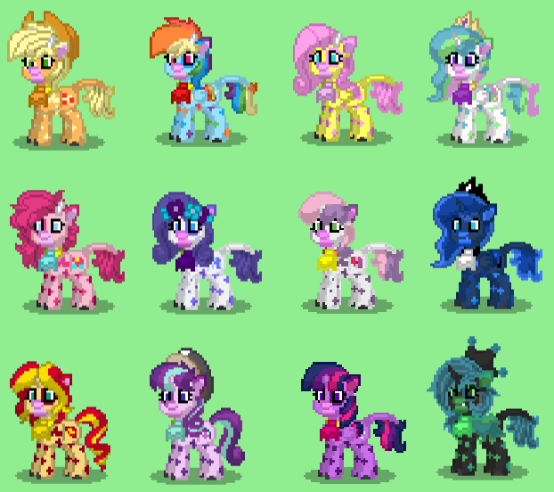 Size: 622x552 | Tagged: safe, artist:zethbsoul, derpibooru import, applejack, fluttershy, pinkie pie, princess celestia, princess luna, queen chrysalis, rainbow dash, rarity, starlight glimmer, sunset shimmer, sweetie belle, twilight sparkle, twilight sparkle (alicorn), alicorn, cow, pony, pony town, applecow, applejack's hat, cowbelle, cowboy hat, cowified, fluttercow, green background, hat, pincow pie, princess cowlestia, princess moona, queen cowsalis, rainbovine dash, raricow, simple background, species swap, starlight glimmoo, sunset shimmoo, twilight sparcow